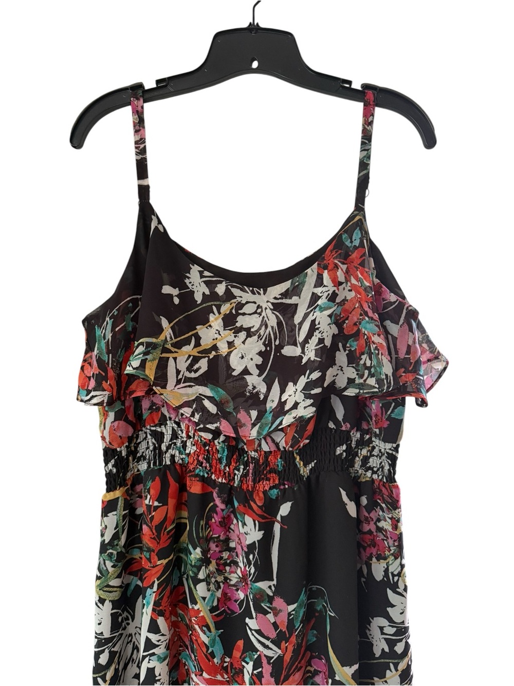 Black Floral Smocked Chiffon Tiered Boho Maxi Dress Ruffle Size Large - Picture 9 of 15
